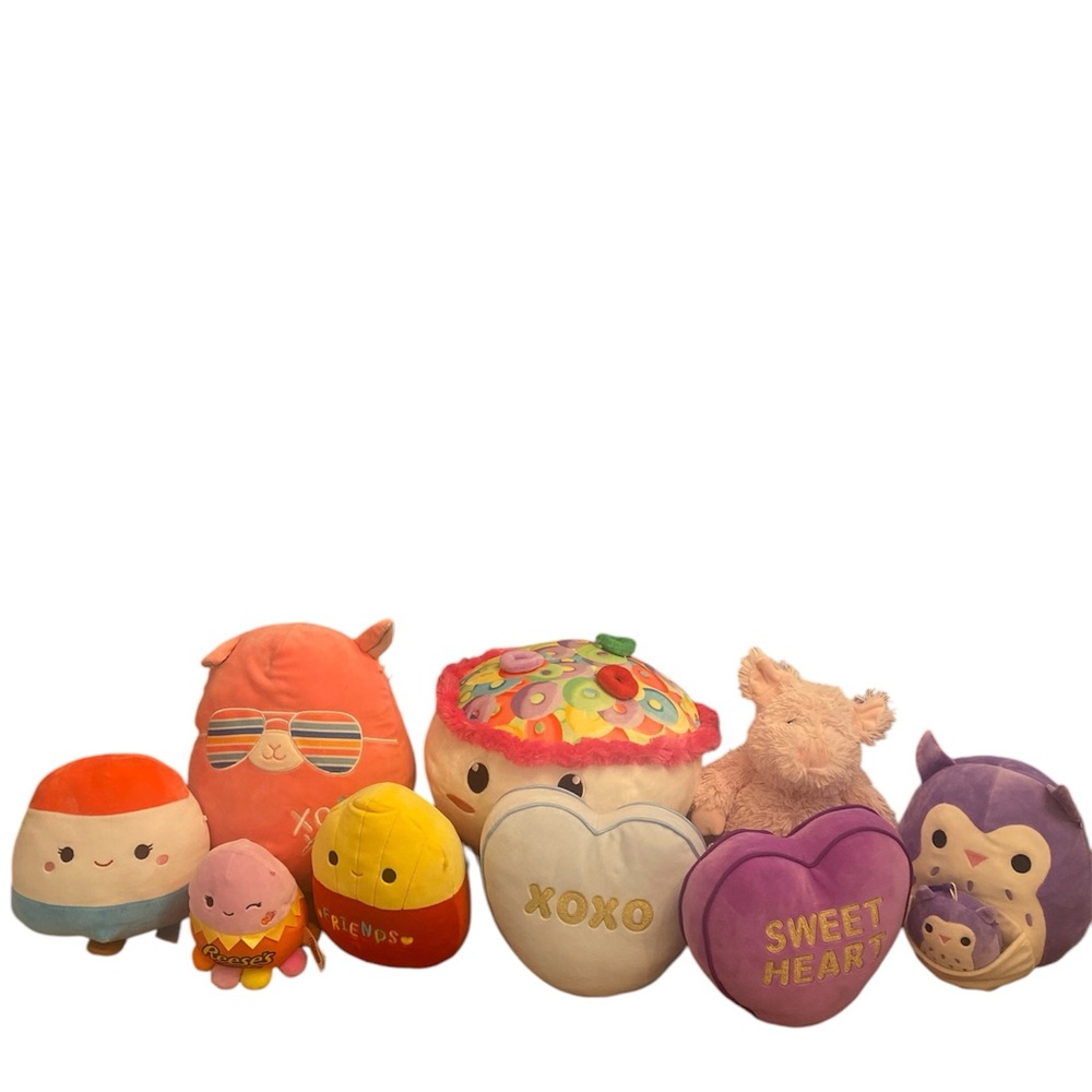 Squishmallows Plush Lot of 9 - Assorted Food, Valentines Hearts, Bigfoot & Owl